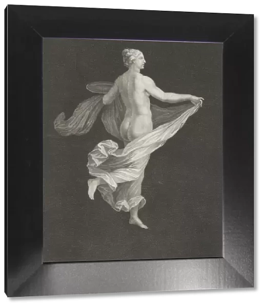 A partly naked bacchante seen from behind, facing right and holding an oval d... ca