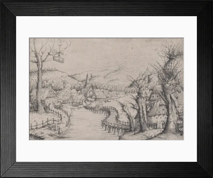 Framed Print : River Landscape with Three Bare Willow-Trees at Right and a Long Winding Wooden Bridge Framed Print : River Landscape with Three Bare Willow-Trees at Right and a Long Winding Wooden Bridge
