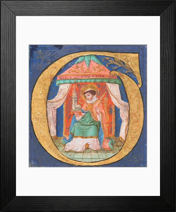 Framed Print : Manuscript Illumination with Saint Trudo (Trond) in an Initial O, from a Choir Book Framed Print : Manuscript Illumination with Saint Trudo (Trond) in an Initial O, from a Choir Book