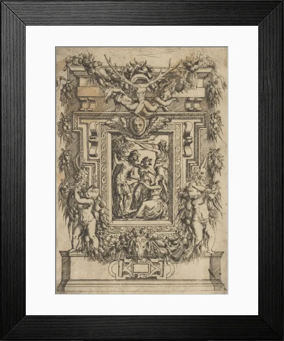 Framed Print : A young man offers his hand to a seated woman, another woman stands between them an Framed Print : A young man offers his hand to a seated woman, another woman stands between them an