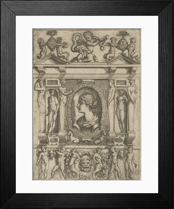 Framed Print : Bust of a woman in profile facing left, set in an elaborate frame with figures in n Framed Print : Bust of a woman in profile facing left, set in an elaborate frame with figures in n