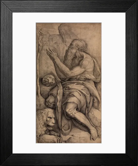 Framed Print : Saint Jerome kneeling before a crucifix, with a skull and lion, ca. 1550-60 Framed Print : Saint Jerome kneeling before a crucifix, with a skull and lion, ca. 1550-60