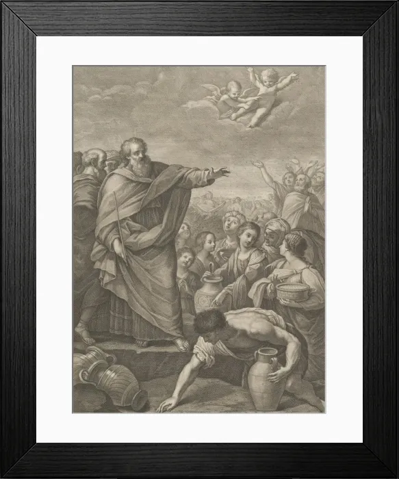 Framed Print : Moses at left with the Israelites who gather manna as it falls from the sky Framed Print : Moses at left with the Israelites who gather manna as it falls from the sky