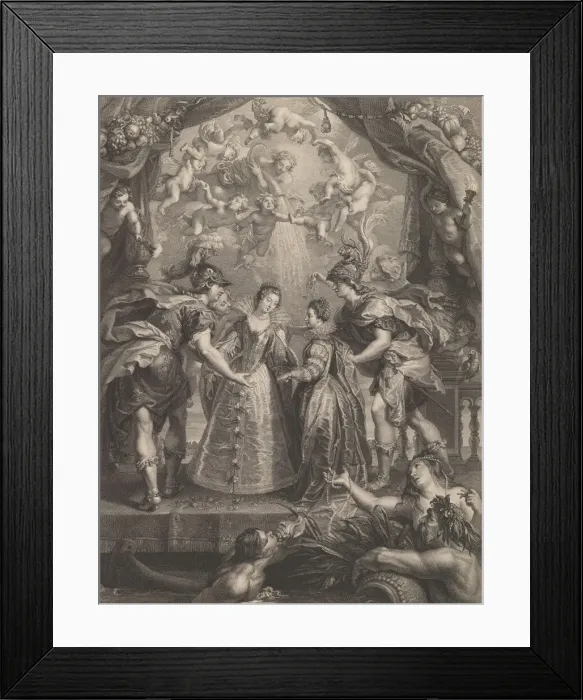Framed Print : Plate 17: The exchange of the two princesses in Hendaye; allegorical scene with Anne of Framed Print : Plate 17: The exchange of the two princesses in Hendaye; allegorical scene with Anne of