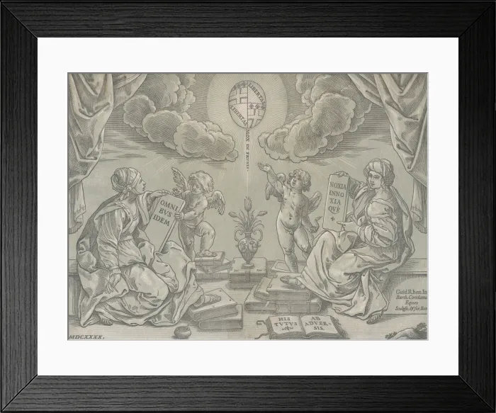 Framed Print : Allegory of a thesis, two women hold inscribed tablets, 1640 Framed Print : Allegory of a thesis, two women hold inscribed tablets, 1640