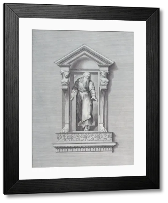Framed Print : A standing man in a niche reaching forward with one arm, 1756. Creators: Bartolomeo Crivellari, Gabriel Soderling Framed Print : A standing man in a niche reaching forward with one arm, 1756. Creators: Bartolomeo Crivellari, Gabriel Soderling