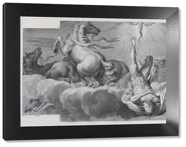 Plate 34: Auriga, the charioteer, falls from the chariot at center, with three horses at l... 1756. Creators: Bartolomeo Crivellari, Gabriel Soderling