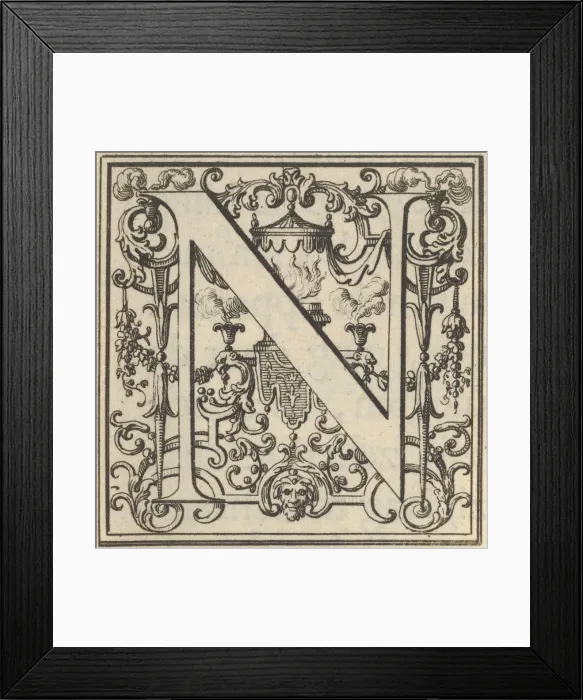 Framed Print : Roman Alphabet letter N with Louis XIV decoration, 18th century. Creator: Bernard Picart Framed Print : Roman Alphabet letter N with Louis XIV decoration, 18th century. Creator: Bernard Picart