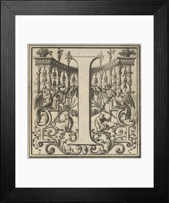 Framed Print : Roman Alphabet letter I with Louis XIV decoration, 18th century. Creator: Bernard Picart Framed Print : Roman Alphabet letter I with Louis XIV decoration, 18th century. Creator: Bernard Picart