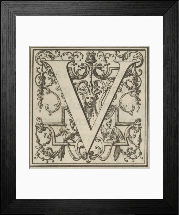 Framed Print : Roman Alphabet letter V with Louis XIV decoration, 18th century. Creator: Bernard Picart Framed Print : Roman Alphabet letter V with Louis XIV decoration, 18th century. Creator: Bernard Picart