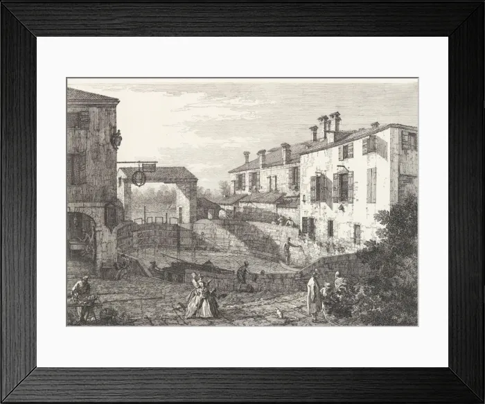 Framed Print : The Locks at Dolo, an oval-shaped basin with boats at center, buildings on either side Framed Print : The Locks at Dolo, an oval-shaped basin with boats at center, buildings on either side