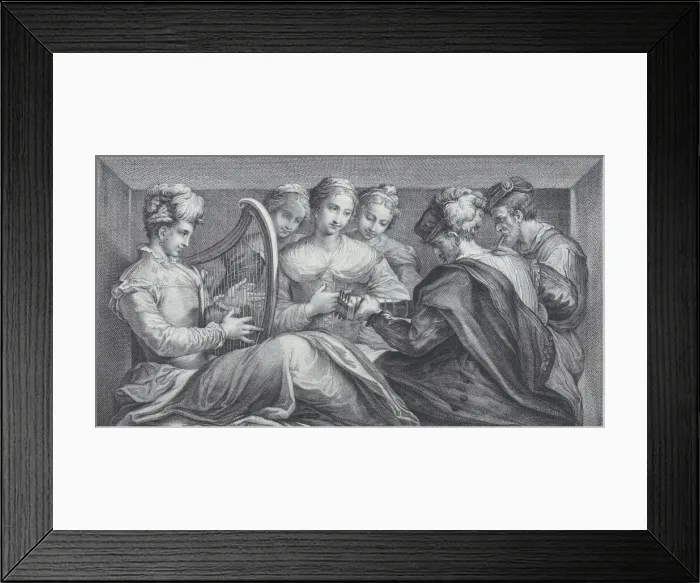 Framed Print : A group of elegantly dressed people playing the harp and a guitar, 1740-68 Framed Print : A group of elegantly dressed people playing the harp and a guitar, 1740-68