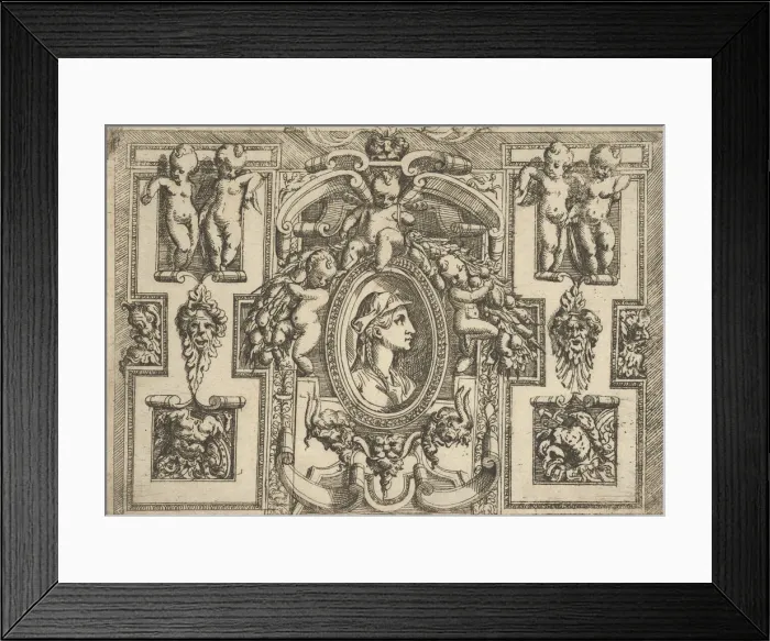 Framed Print : Bust of a woman in profile facing right, set within an elaborate frame with putti Framed Print : Bust of a woman in profile facing right, set within an elaborate frame with putti