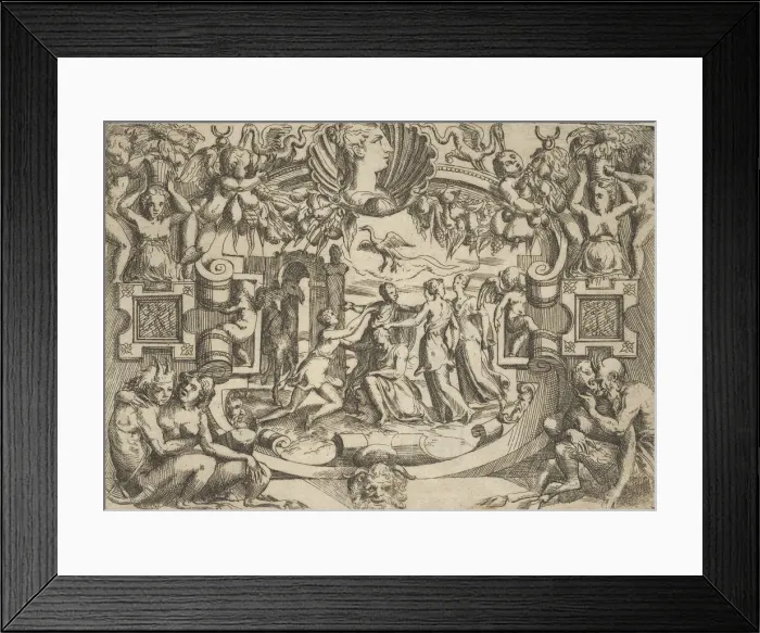 Framed Print : Four women surrounding a seated figure, a bird above them, set within an elaborate Framed Print : Four women surrounding a seated figure, a bird above them, set within an elaborate