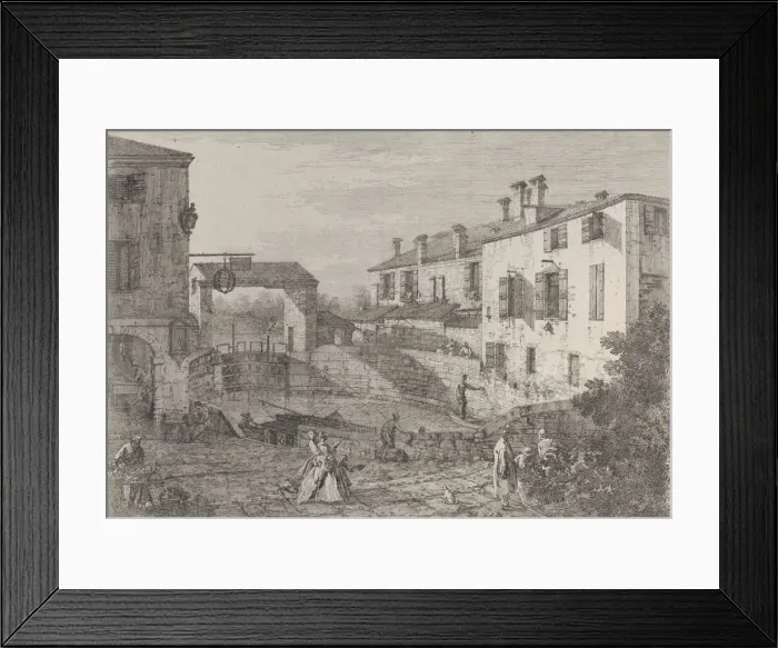 Framed Print : Le porte del Dolo: the oval basin of the locks at Dolo, with a barge moored to the quay Framed Print : Le porte del Dolo: the oval basin of the locks at Dolo, with a barge moored to the quay
