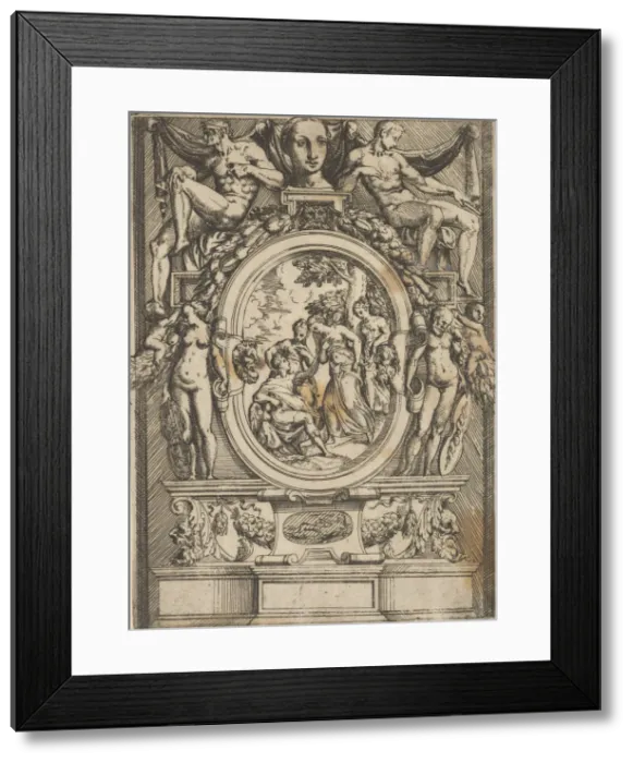 Framed Print : The Judgment of Paris; man seated at left reaches out to a woman who is flanked by Framed Print : The Judgment of Paris; man seated at left reaches out to a woman who is flanked by