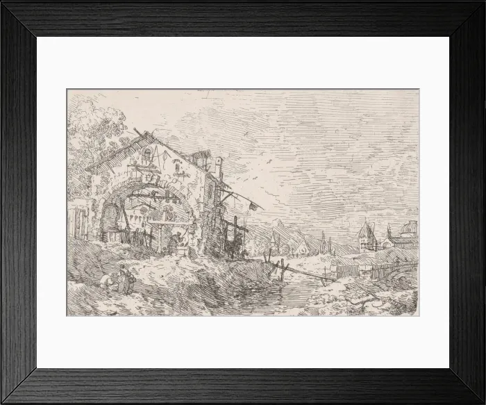 Framed Print : Woman drawing water from a well beneath an arcade at left, with a landscape at right, 1 Framed Print : Woman drawing water from a well beneath an arcade at left, with a landscape at right, 1