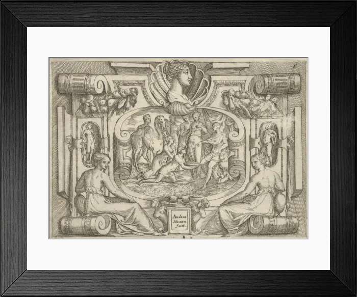 Framed Print : A man and woman offering a platter of coins to a king seated on a throne, set withi Framed Print : A man and woman offering a platter of coins to a king seated on a throne, set withi