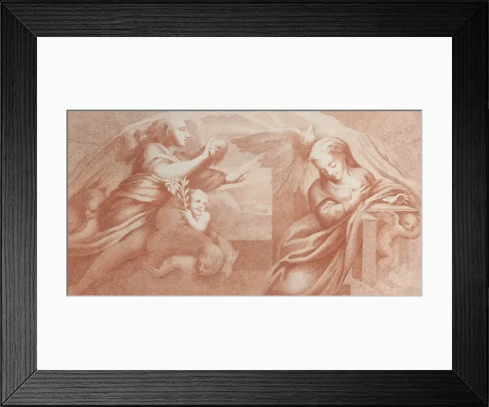 Framed Print : The Annunciation, with Gabriel at left and the Virgin at right, 1784. Creator: Bossi Framed Print : The Annunciation, with Gabriel at left and the Virgin at right, 1784. Creator: Bossi
