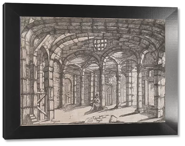 Interior of a prison in which sits a woman, ca 1680-1710