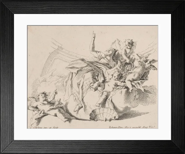 Framed Print : Wealth, represented by a woman seated on clouds and surrounded by putti, one of whom is Framed Print : Wealth, represented by a woman seated on clouds and surrounded by putti, one of whom is