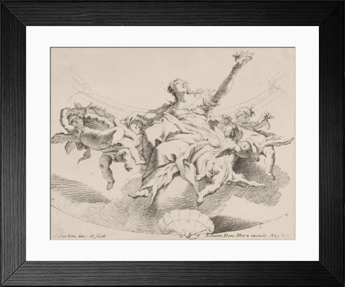 Framed Print : Power, represented by a woman seated on clouds holding a crown and surrounded by putti Framed Print : Power, represented by a woman seated on clouds holding a crown and surrounded by putti