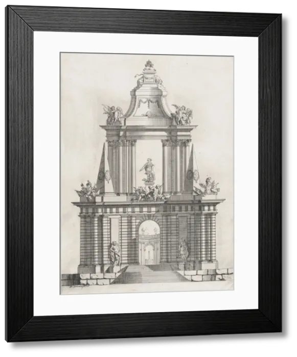 Framed Print : Triumphal arch with three crowns at top, a fountain in the distance, 1726 Framed Print : Triumphal arch with three crowns at top, a fountain in the distance, 1726