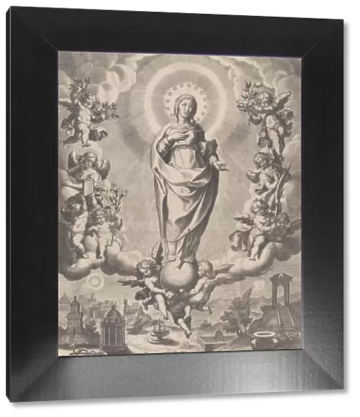 The Virgin in Glory, standing on clouds and surrounded by angels holding the symbols