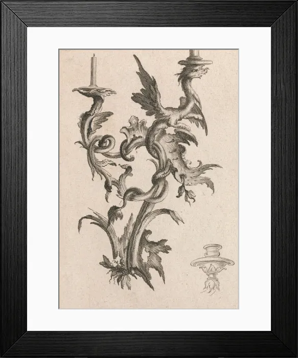 Framed Print : Design for a Two-Armed Candelabra with a Dragon, Plate 1 from an Untitled S Framed Print : Design for a Two-Armed Candelabra with a Dragon, Plate 1 from an Untitled S