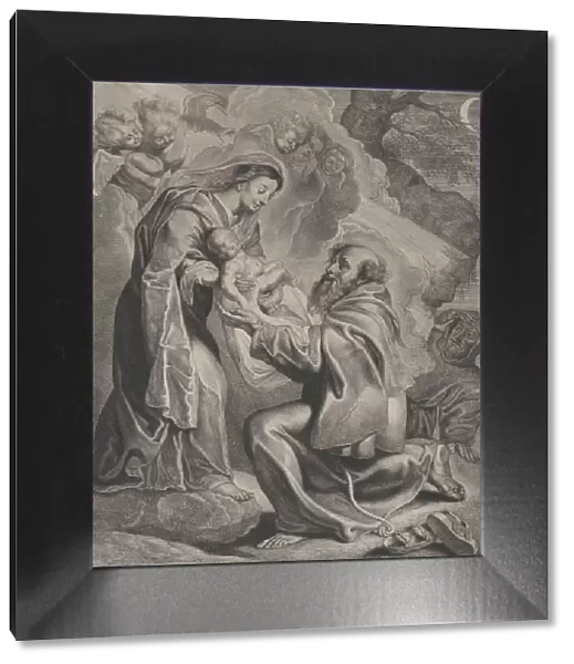 The Vision of Saint Francis, kneeling at right, receiving the Christ child from the