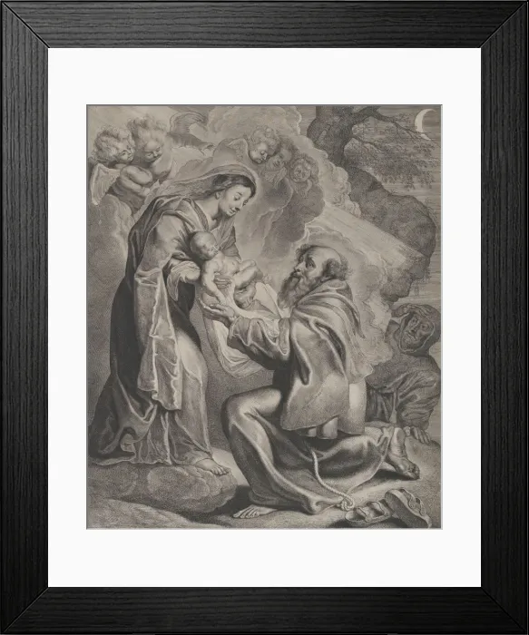 Framed Print : The Vision of Saint Francis, kneeling at right, receiving the Christ child from Framed Print : The Vision of Saint Francis, kneeling at right, receiving the Christ child from