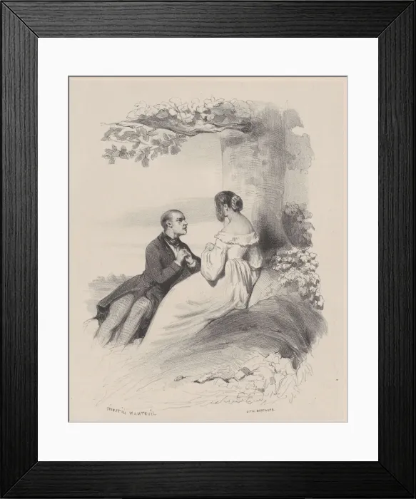 Framed Print : Man Proposing to a Woman whose Face is Hidden by Hair, ca. 1830-65 Framed Print : Man Proposing to a Woman whose Face is Hidden by Hair, ca. 1830-65