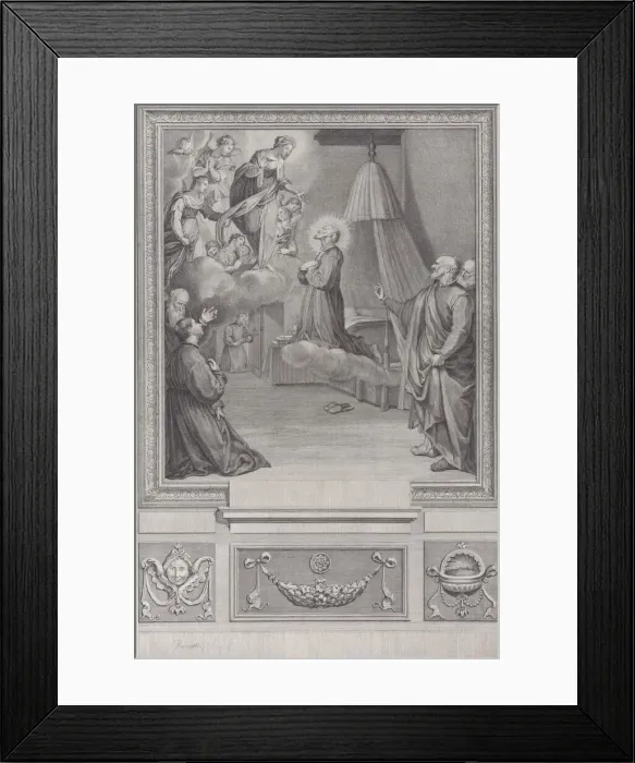 Framed Print : Saint kneeling before a vision of the Virgin Mary. Creator: Unknown Framed Print : Saint kneeling before a vision of the Virgin Mary. Creator: Unknown