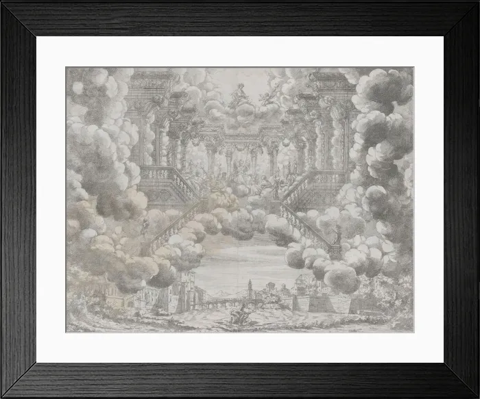Framed Print : Stage design with allegorical figures on a staircase; from L Eta Dell Oro, ca. 1690 Framed Print : Stage design with allegorical figures on a staircase; from L Eta Dell Oro, ca. 1690