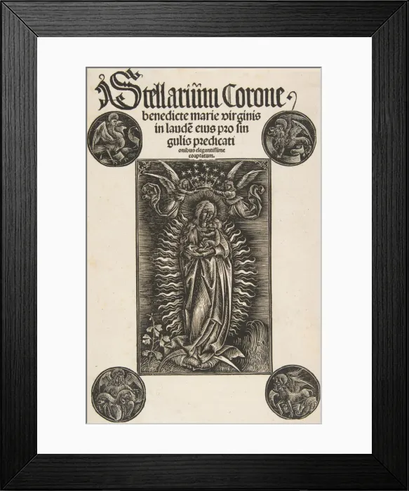 Framed Print : Virgin on a Crescent, Title-page from Pelbartus de Temesvar: Stellarium corone (Schr Framed Print : Virgin on a Crescent, Title-page from Pelbartus de Temesvar: Stellarium corone (Schr