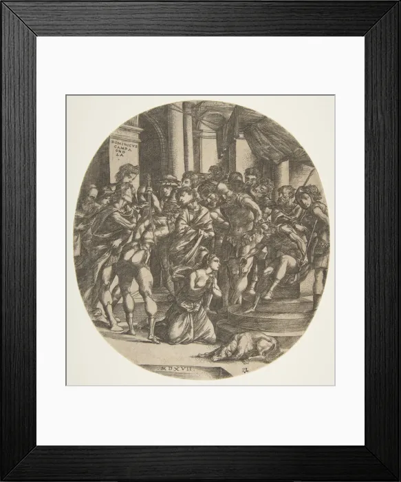 Framed Print : Female figure (Saint Catherine?) kneeling on the ground at center pleading to a male Framed Print : Female figure (Saint Catherine?) kneeling on the ground at center pleading to a male