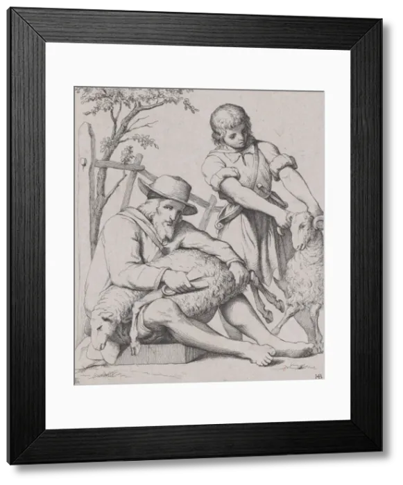 Framed Print : Two men sheep shearing, ca. 1842. Creator: Eduard Julius Friedrich Bendemann Framed Print : Two men sheep shearing, ca. 1842. Creator: Eduard Julius Friedrich Bendemann