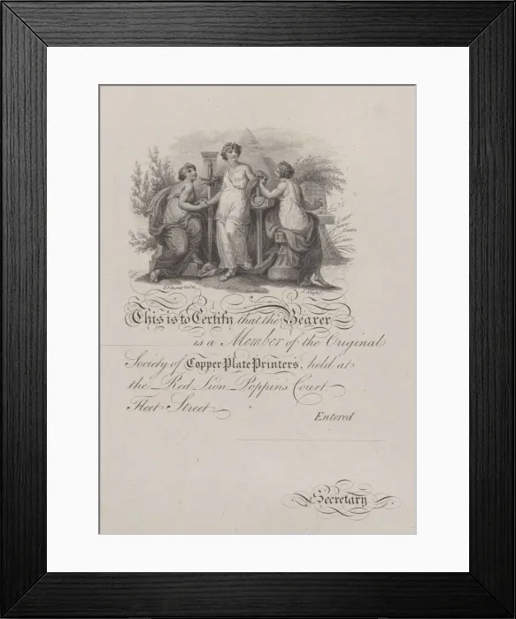 Framed Print : Certificate of Membership of the Society of Copper-Plate Printers, 19th century Framed Print : Certificate of Membership of the Society of Copper-Plate Printers, 19th century