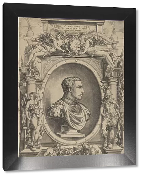 Portrait of Giovanni de Medici facing right within an elaborate cartouche flanked by