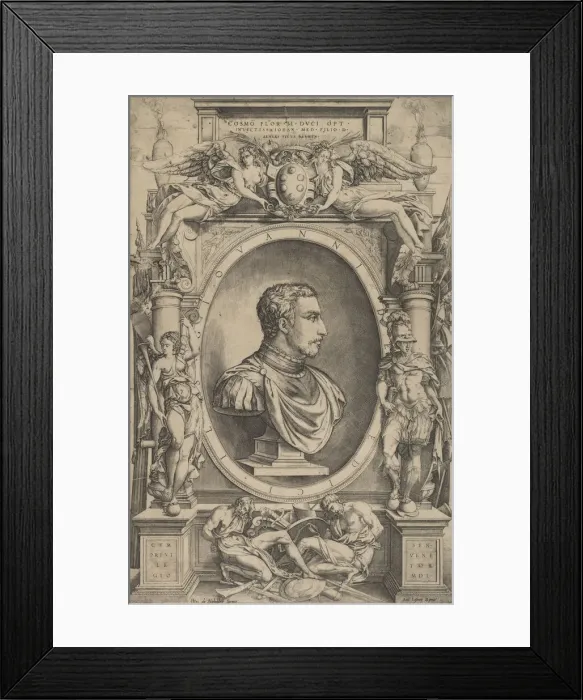Framed Print : Portrait of Giovanni de Medici facing right within an elaborate cartouche flanked by Framed Print : Portrait of Giovanni de Medici facing right within an elaborate cartouche flanked by