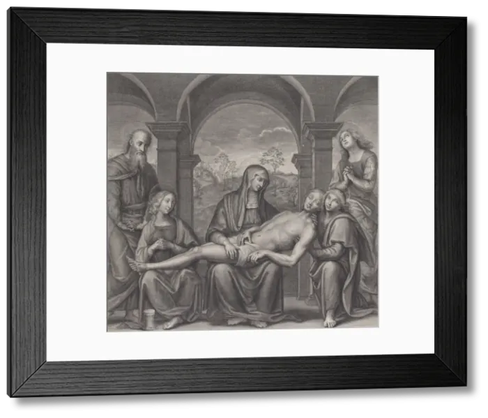 Framed Print : Christ in the tomb, resting across the Virgins lap; after Perugino, ca. 1685-1727 Framed Print : Christ in the tomb, resting across the Virgins lap; after Perugino, ca. 1685-1727