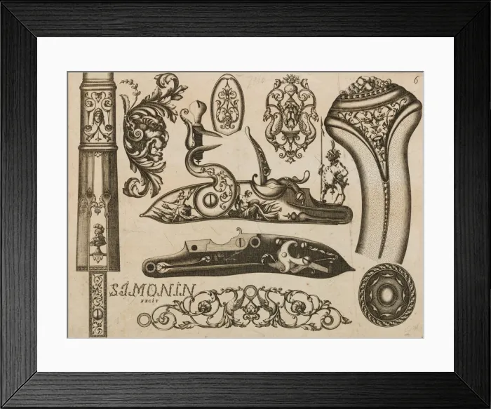 Framed Print : Engraving of Firearms Ornament, 1693 or 1695. Creator: Claude Simonin Framed Print : Engraving of Firearms Ornament, 1693 or 1695. Creator: Claude Simonin