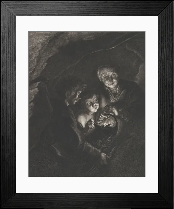 Framed Print : Night scene in a cave with an old woman holding burning coals in a pot, a boy blowi Framed Print : Night scene in a cave with an old woman holding burning coals in a pot, a boy blowi
