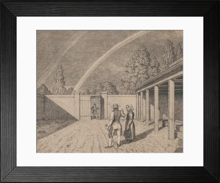 Framed Print : A couple conversing in a stable yard, with a double rainbow overhead Framed Print : A couple conversing in a stable yard, with a double rainbow overhead