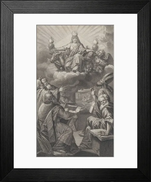 Framed Print : Allegorical figure appearing on clouds overhead while a group of men gathered below look