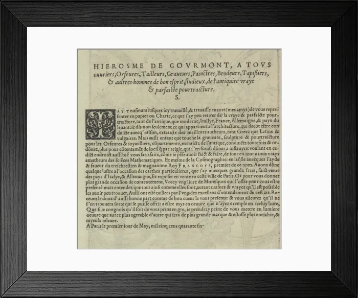 Framed Print : Livre de Moresques, title page (verso), 1546. Creator: Cornelis Bos Framed Print : Livre de Moresques, title page (verso), 1546. Creator: Cornelis Bos