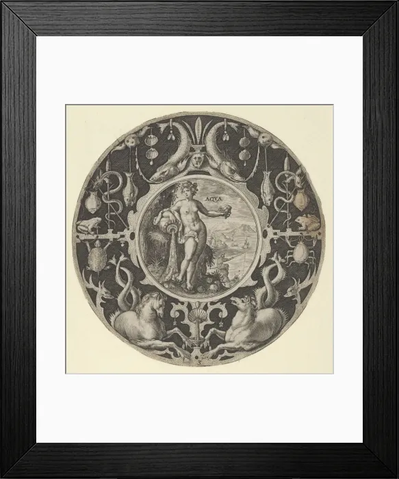 Framed Print : Aqua in a Decorative Border with Sea Creatures, from a Series of Circular Designs w Framed Print : Aqua in a Decorative Border with Sea Creatures, from a Series of Circular Designs w