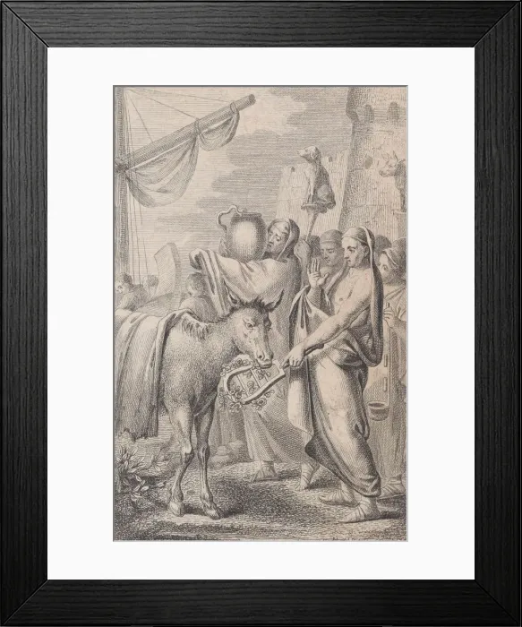 Framed Print : Figures at right near a ship, some holding up animals over their heads, a horse at left Framed Print : Figures at right near a ship, some holding up animals over their heads, a horse at left