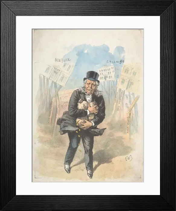 Framed Print : Man Clutching Moneybags While Banks Collapse, late 19th-early 20th century Framed Print : Man Clutching Moneybags While Banks Collapse, late 19th-early 20th century