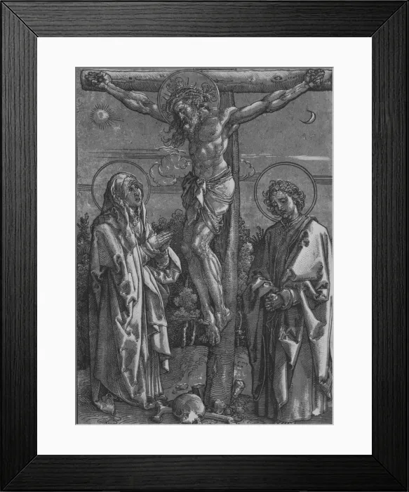 Framed Print : Christ on the Cross with the Virgin and Saint John, 1500-1550. Creator: Dürer-School Framed Print : Christ on the Cross with the Virgin and Saint John, 1500-1550. Creator: Dürer-School